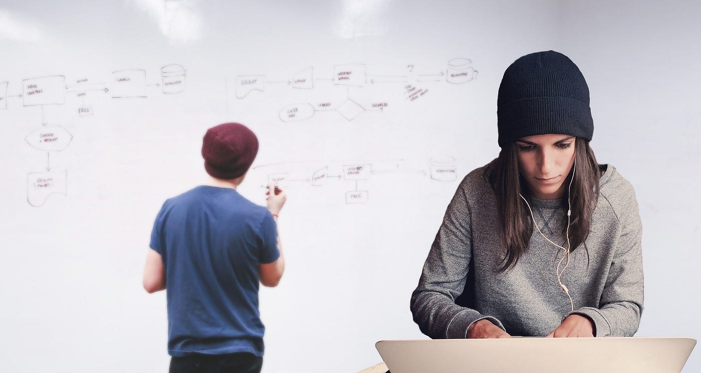 A girl is coding and a boy is drawing a flow diagram on a white board.