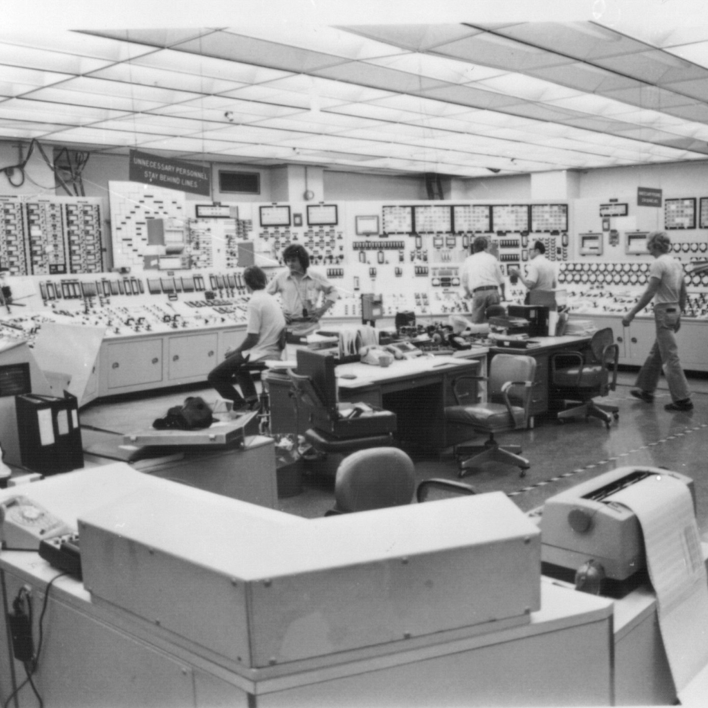 Control room image from the 1970s it is black and white