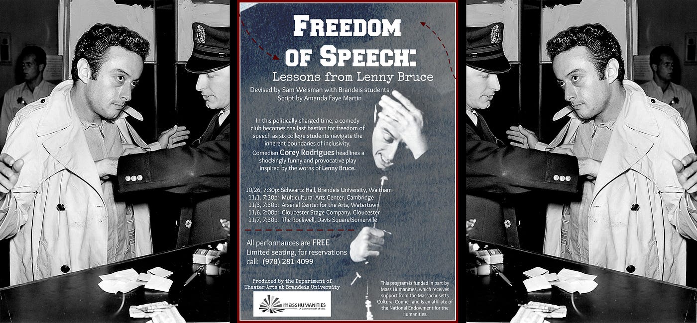 Image of a photograph of the arrest by police of comedian Lenny Bruce c.1961 and a image of a poster of a play ‘Freedom Of Speech’