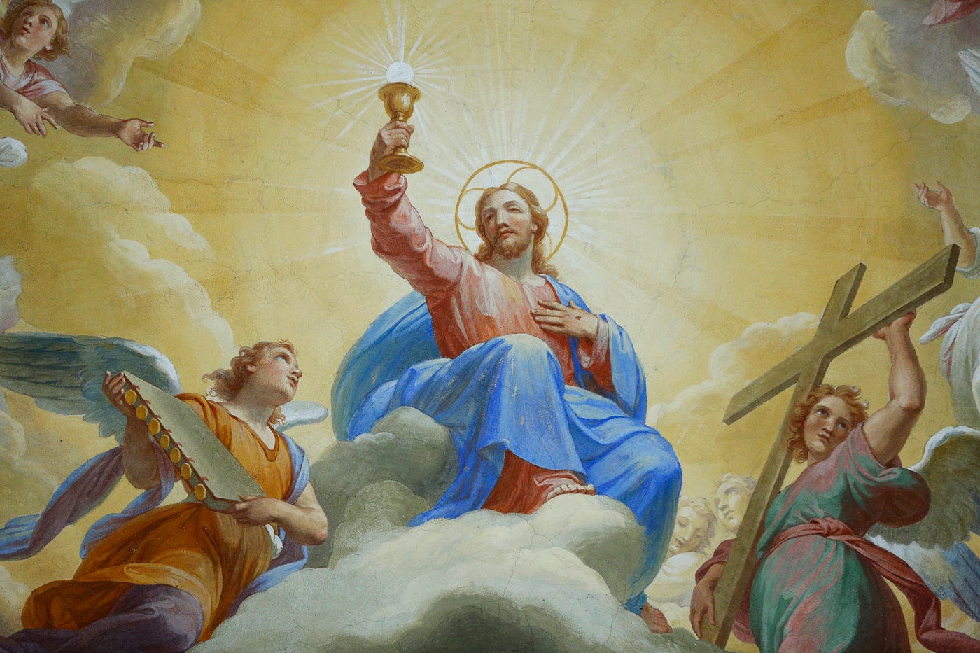 A painting of Jesus resurrected. This Jesus looks clearly white.