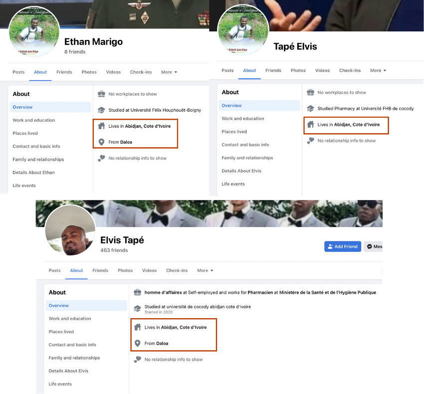 The authentic profile, Tapé Elvis, and two inauthentic profiles, Ethan Marigo and Elvis Tapé, all listed Abidjan as their current address. (Source: Facebook)