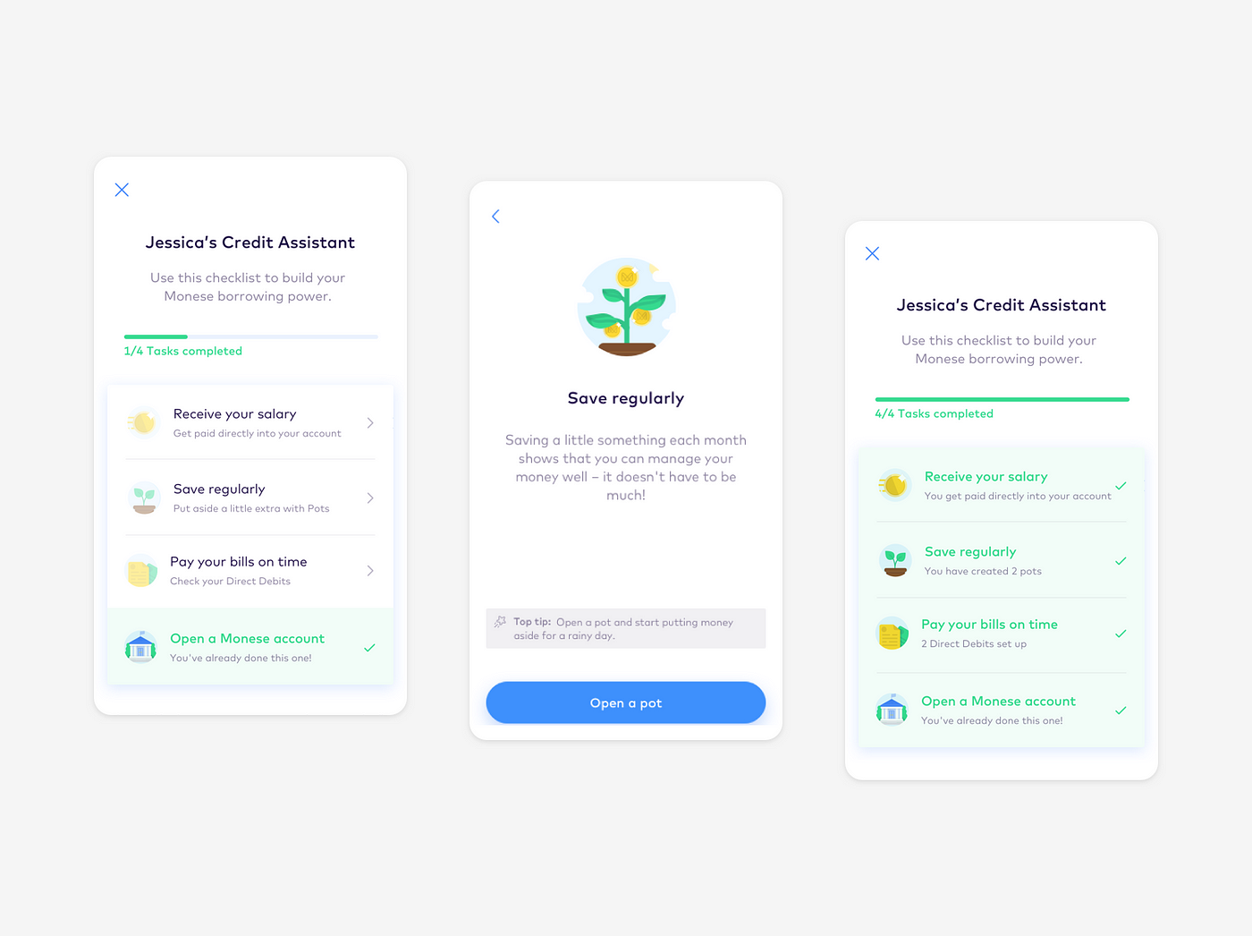 Example screens from Monese app showing a Credit Checklist with tasks to tick off like save regularly or pay bills on time