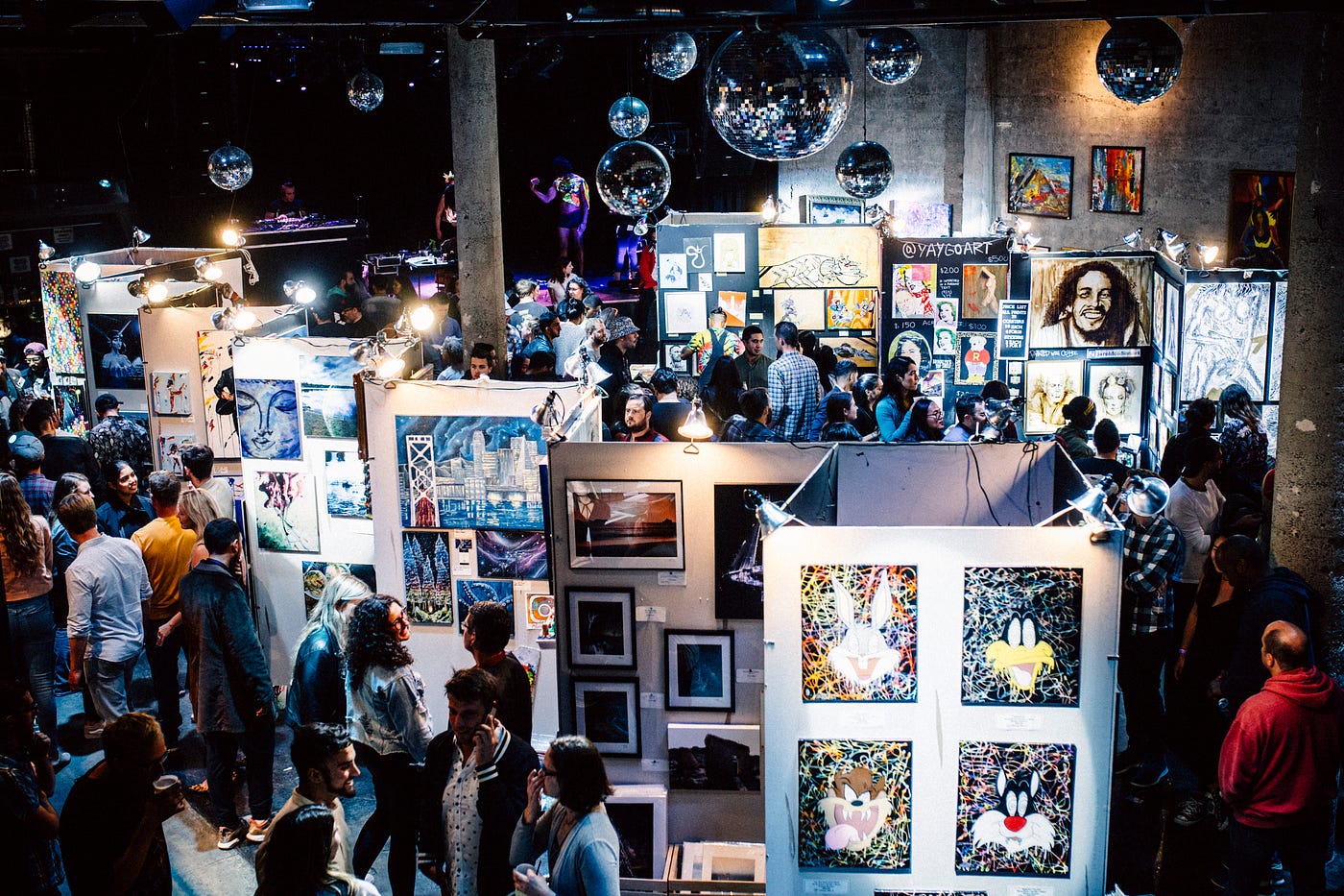 A high angle view of the Pancakes & Booze art show pop-up event in San Francisco, CA