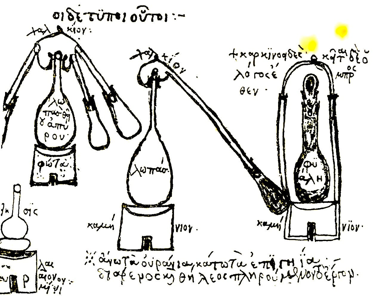 Ancient black and write drawing of strange looking lab equipment