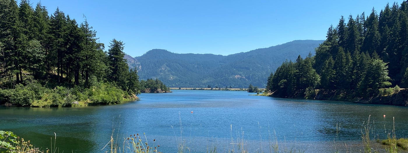 The Little White Salmon River flows into Drano Lake. The lake then drains into the Columbia River, which is just behind the elevated roadway at the center of the photo. Photo by Brent Lawrence / USFWS