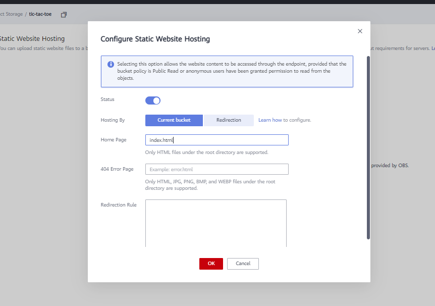 Static Website Hosting Dialog box.