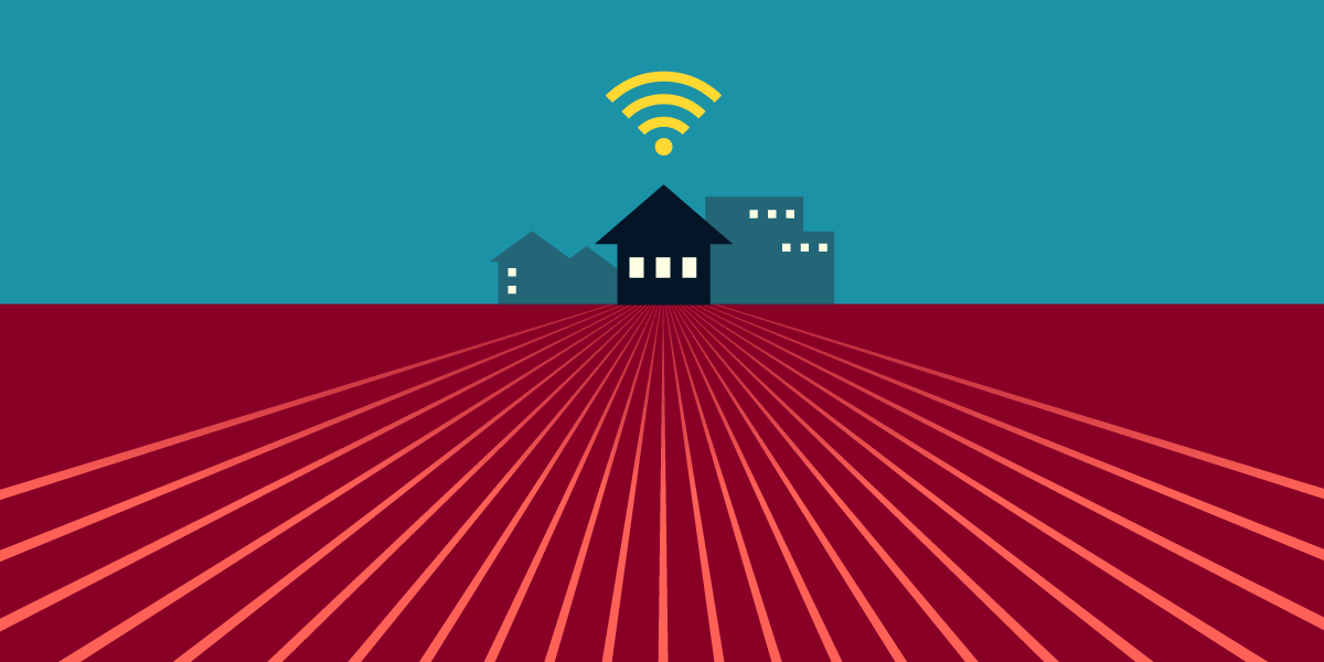 An illustration of three isolated buildings in an empty field, with fiber lines streaming towards them and a wifi icon hovering over them.