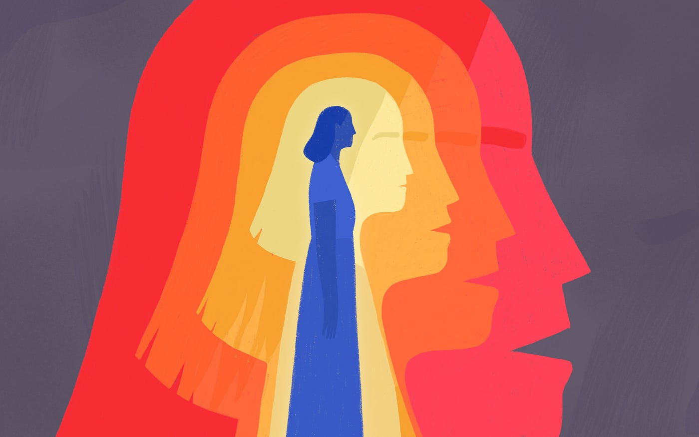 Illustration of a woman in the center, with concentric silhouettes of her around her.