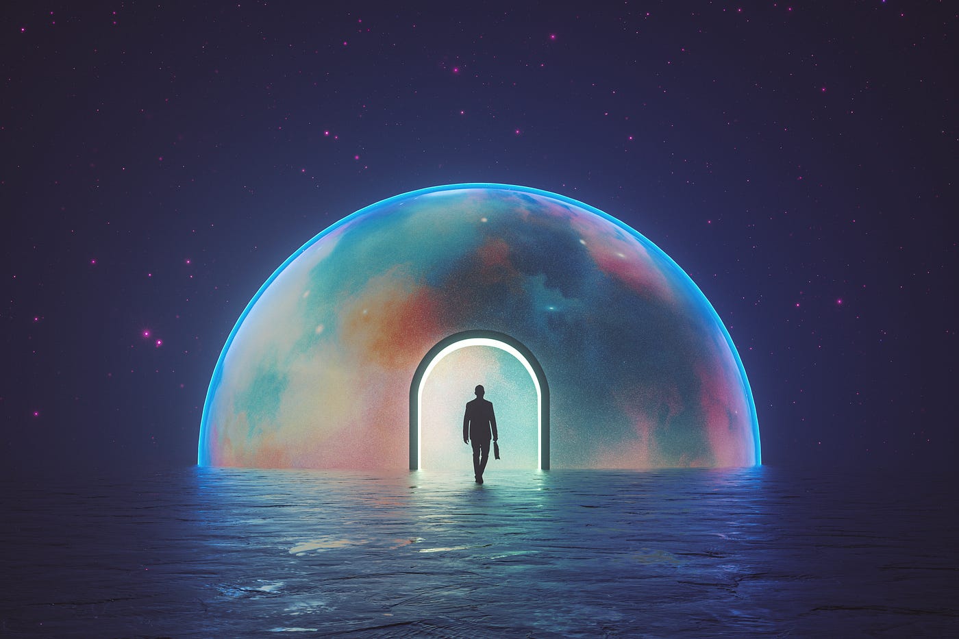 The silhouette of a businessman walking into a different dimension through a portal shaped like a globe.