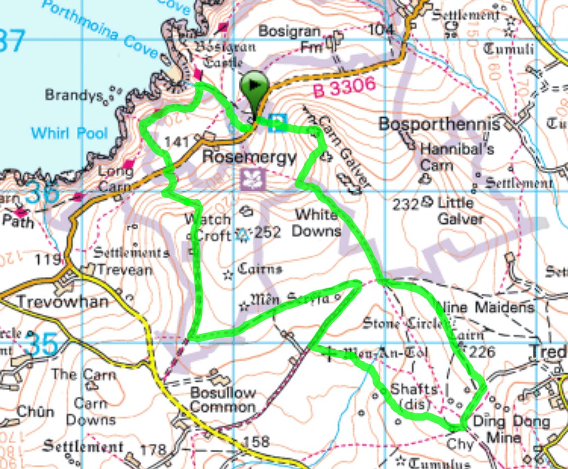 A map of a walk from in Cornwall with markers for ruins