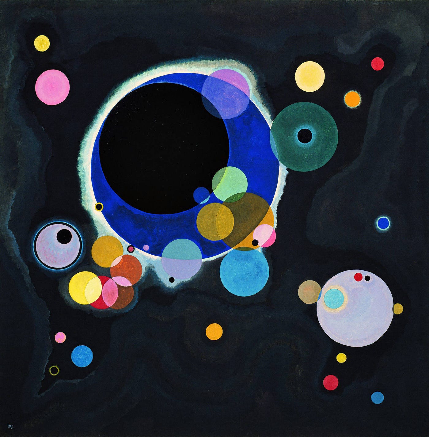 Wassily Kandinsky’s “Several Circles.” In this painting there are about 40 circles of different sizes and colors, some of them overlapping and some not. The background is black. Photo from WikiArt. Public domain.