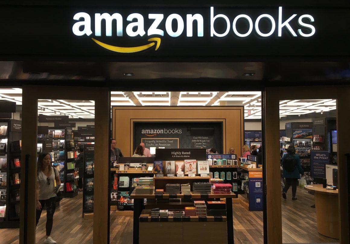 IMAGE: An Amazon Books physical store as seen from the street entrance