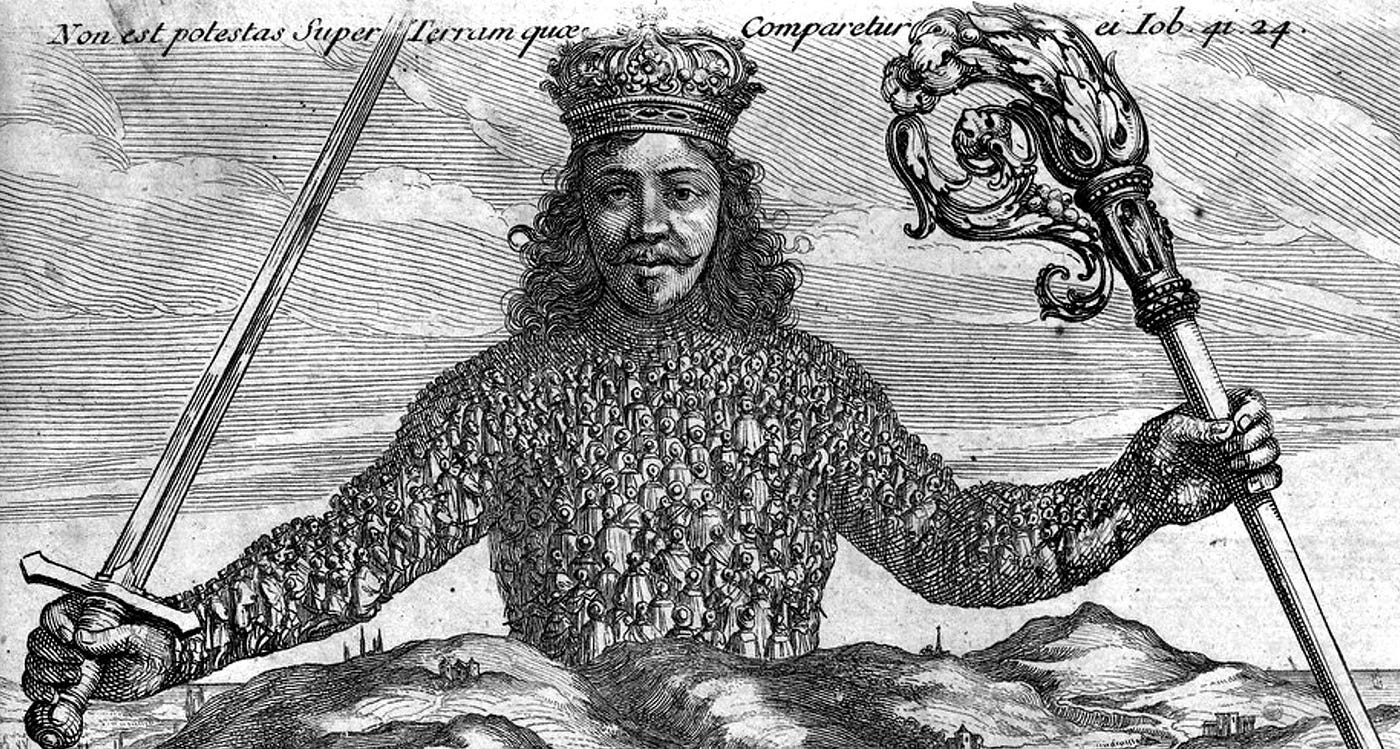 Kassandra Learn: Detail of the cover to Hobbes’ Leviathan comprised of a woodcut depicting a monarch or supreme ruler, crowned and wielding a sword and crozier, whose body looms over the landscape and is composed of thousands of individual citizens or subjects.