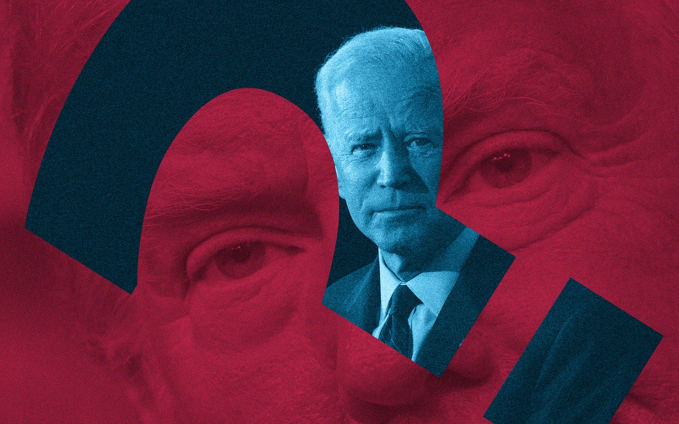 Red background close-up of Trump’s face against a question mark-shaped blue cut out of Joe Biden in foreground.