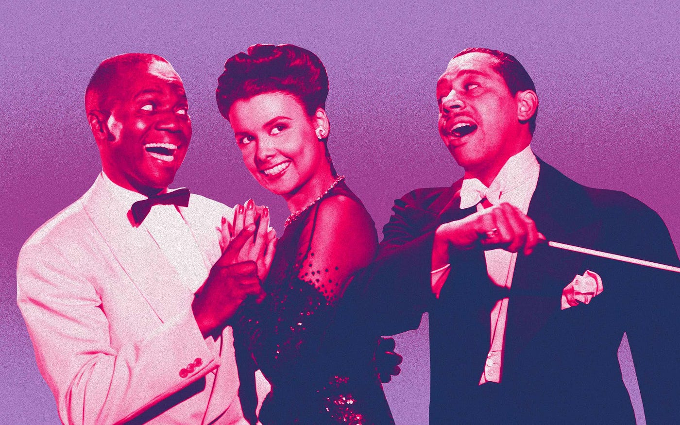 A photo illustration featuring the cast of “Stormy Weather” against a violet background.