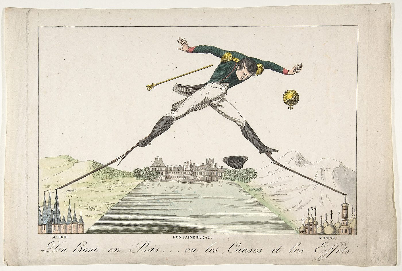 Illustration of Napoleon falling from splintering stilts that rest on Madrid and Moscow.