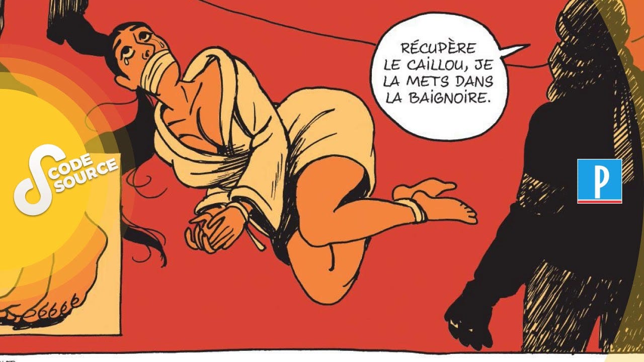 Une case de BD décrivant le cambriolage de Kim Kardashian, l’un des sujets du podcast Code Source.