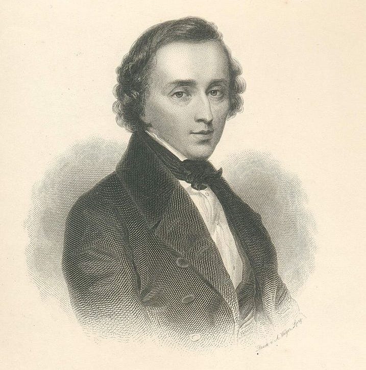 An etching of Chopin from the waist up