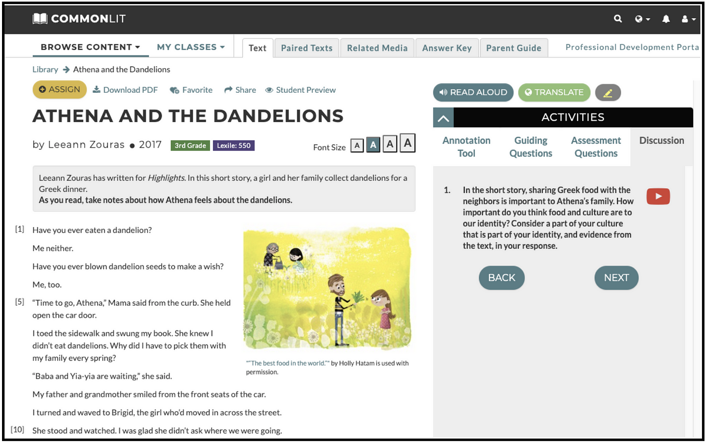 The CommonLit lesson "Athena and the Dandelions."