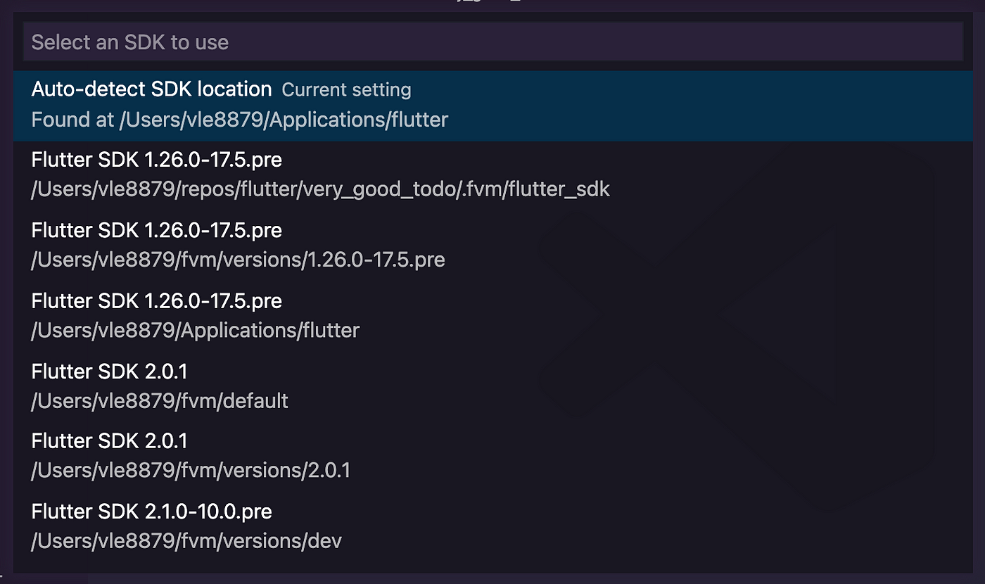 Ejemplo del comando 'Change SDK' en VS Code