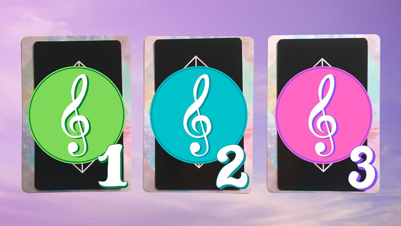 Three tarot and oracle pick a card piles with music notes on them