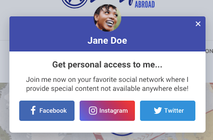 Image of a social media campaign of Jane Doe with text get personal access to me and Facebook, Instagram, and Twitter link button.