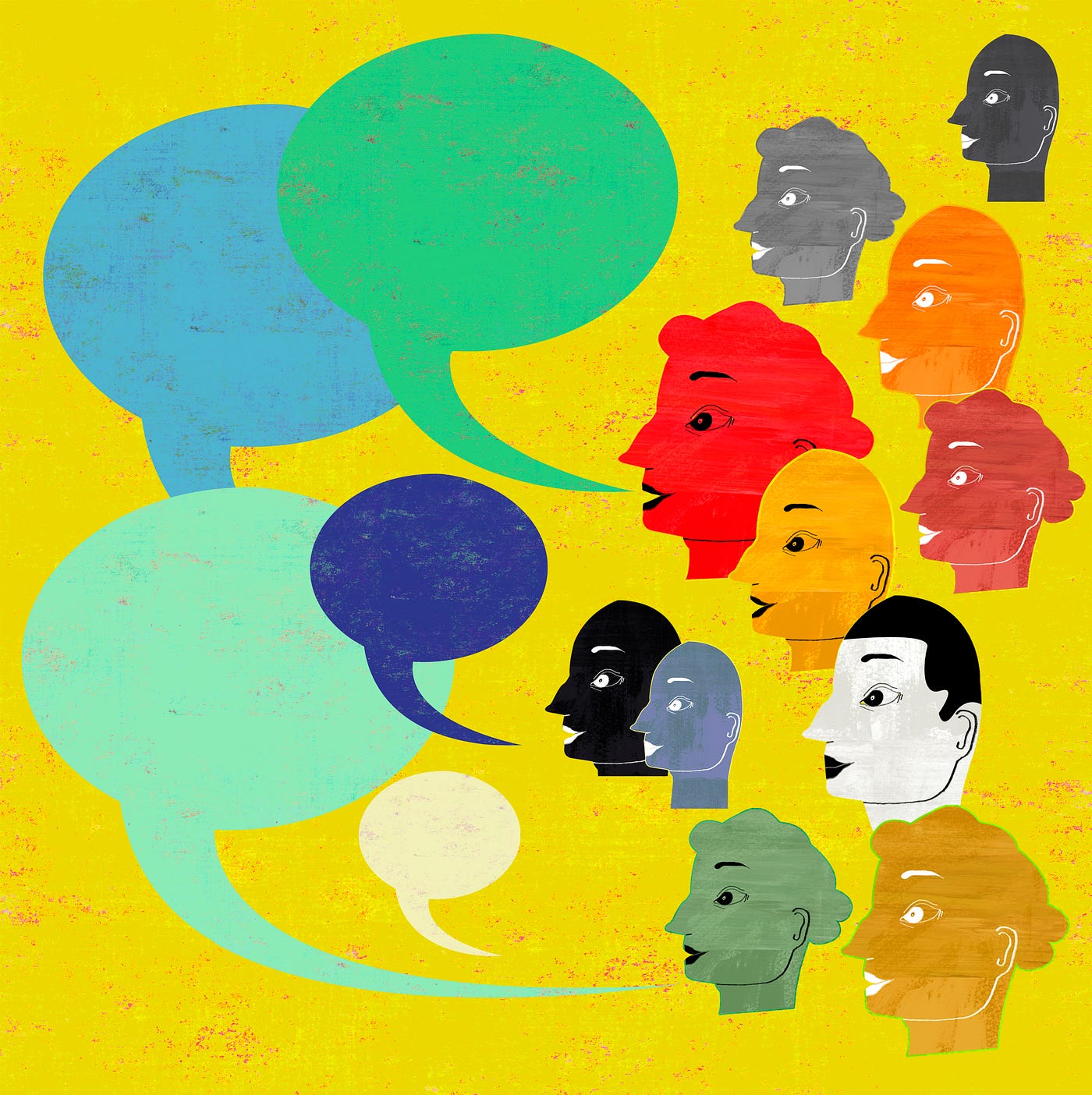 Many different colored heads next to five large speech bubbles.