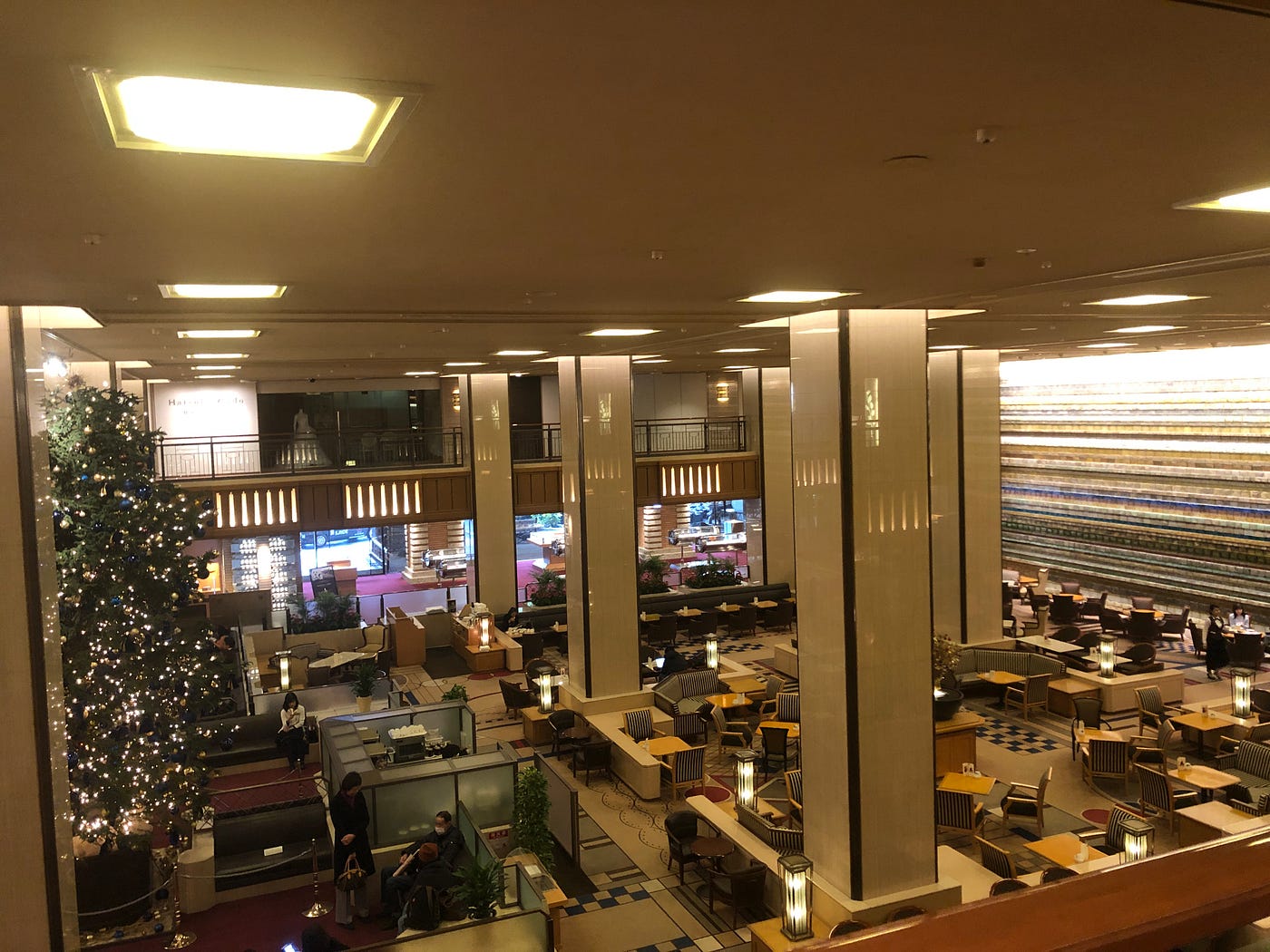 Fabulous lobby of the Imperial Hotel … giant tree on left.