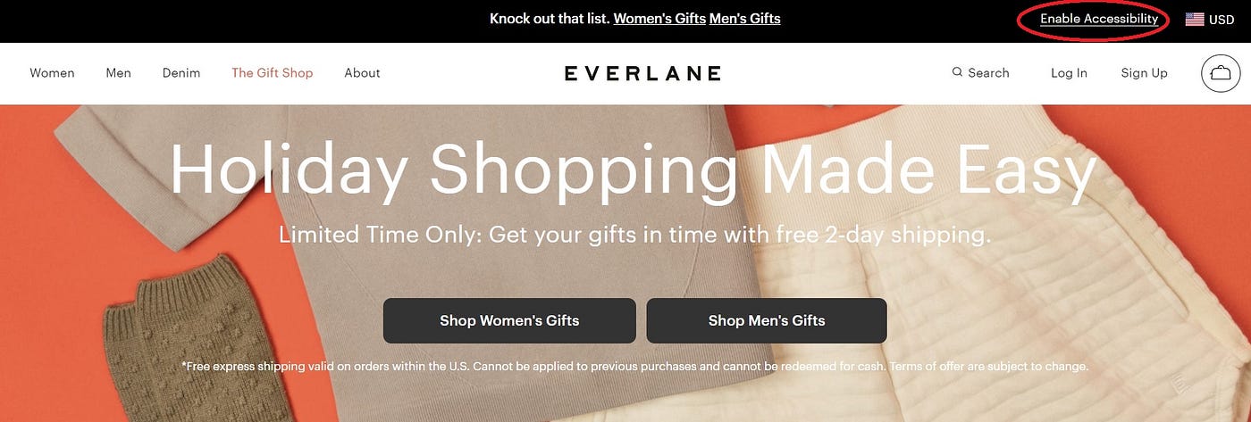 Everlane home page screen shot with “Enable Accessibility” feature in the top right corner