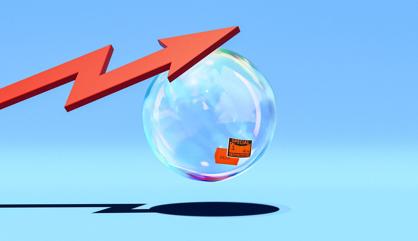A graph trending upwards with a giant bubble floating beneath the arrow and pushing it up