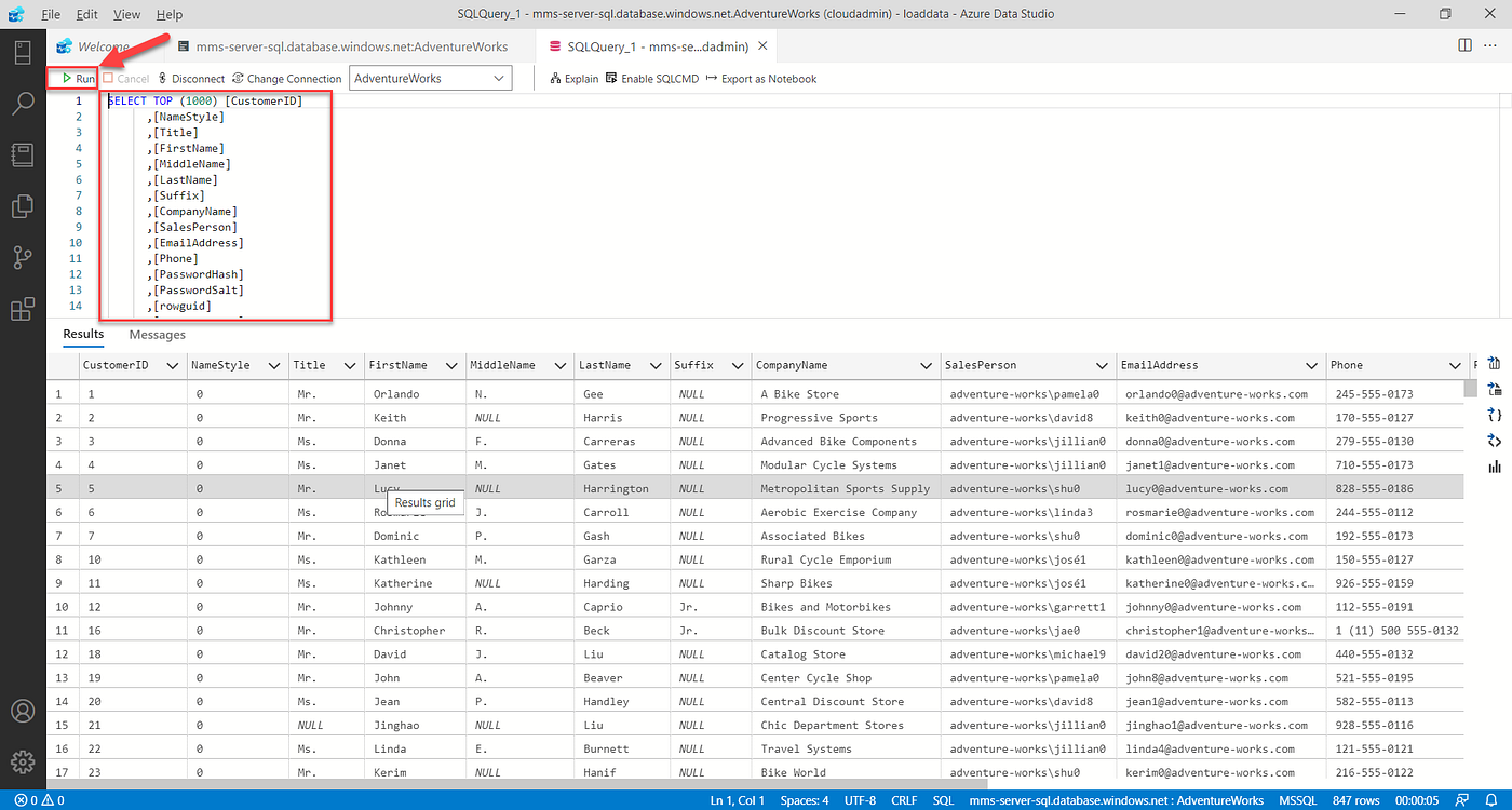 Acessando o banco de dados AdventureWorks (Azure SQL) no Azure Data ...