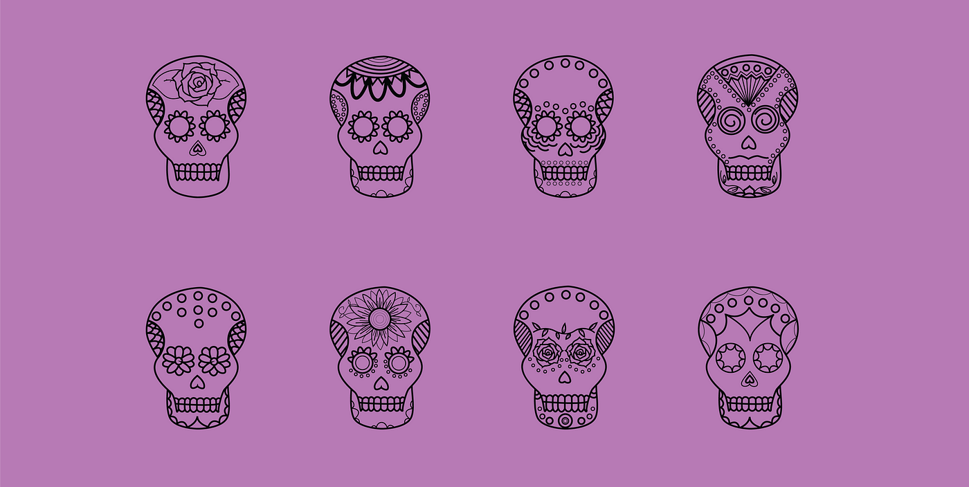 Purple image of 8 calavera icons - illustrations of decorated sugar skulls for dia de los muertos (Day of the Dead)