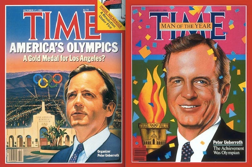 Few cities wanted to host the Olympics, leaving only a pile of debt,
and Los Angeles was the only city that applied for the 1984 Olympics. Enter Peter Ueberroth.