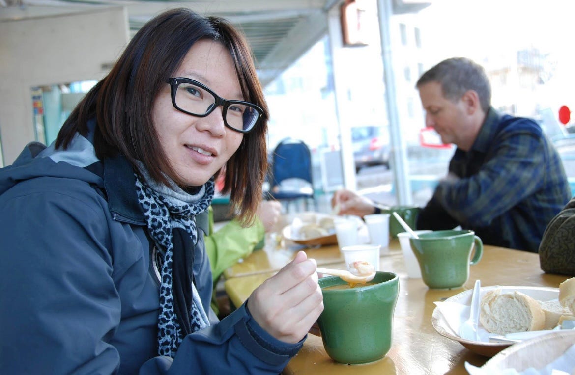 Linda (the writer) eating in Iceland