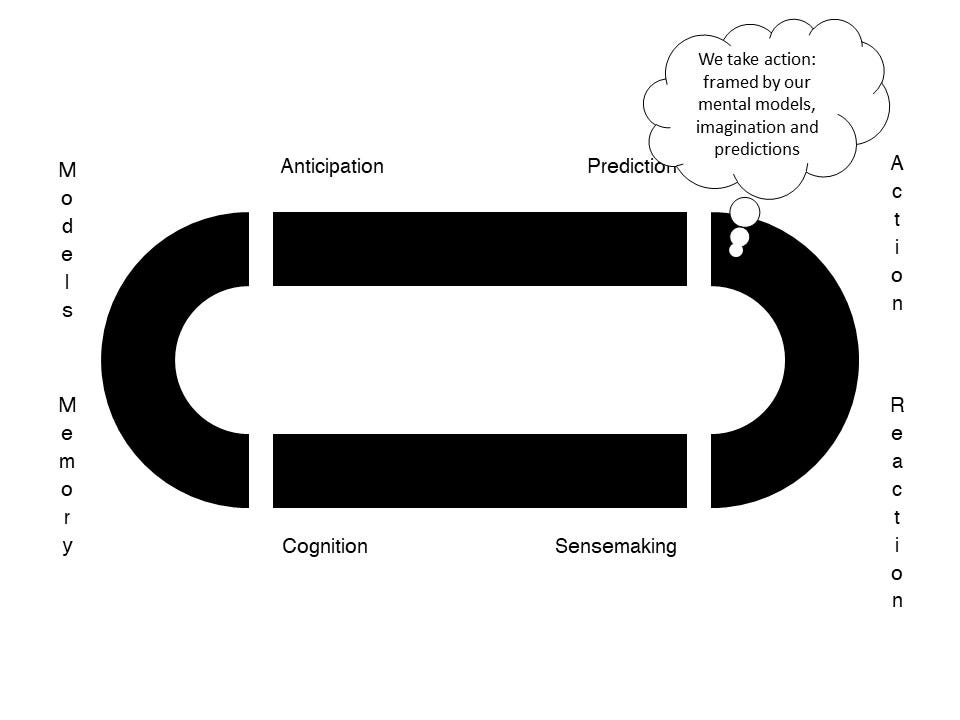 Action: we take action, framed by out mental models, imagination and predictions