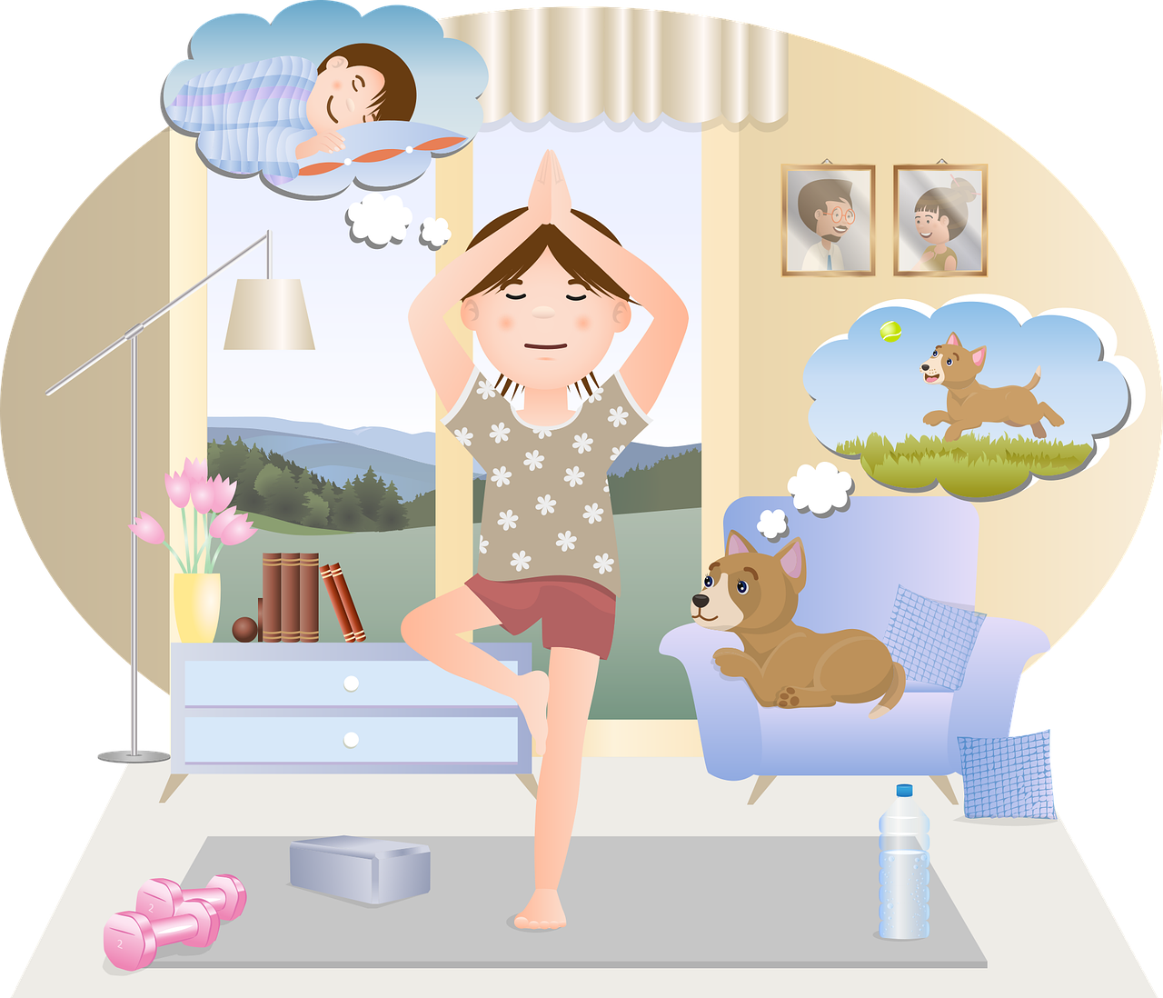 An illustration of a person doing vrksasana (tree) pose in their living room, while their dog looks on. Both the person and the dog have thought bubbles depicting things they would rather be doing: the person wants to be back in bed, and the dog wants to be running around in the lawn you can see out the windows behind where the person is practicing.