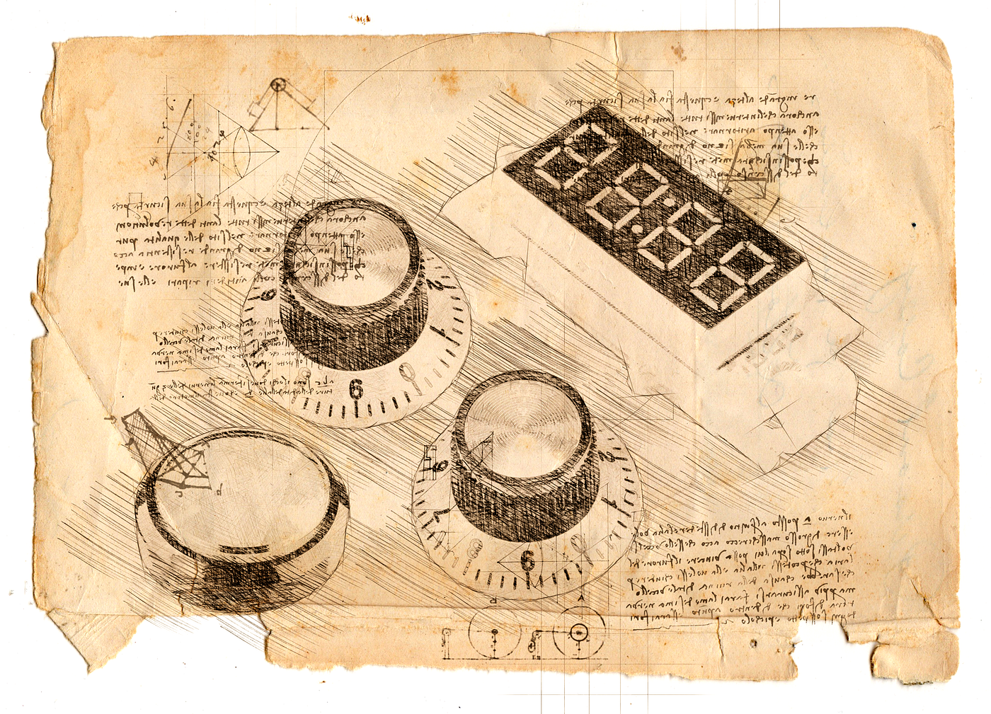 Illustration of analog user interface controls drawn in the style of a sketch by Leonardo Da Vinci.