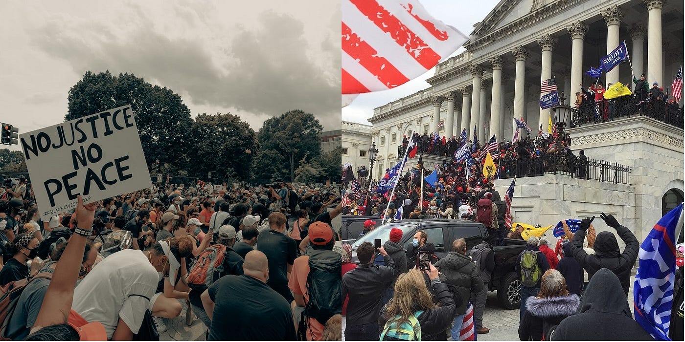 Two images side by side of crowds at protests. One at a Black Lives Matter protest where people are kneeling and a sign held up “no justice, no peace.” The other people at the capitol, just before they breeched the doors, people waving Trump flags.