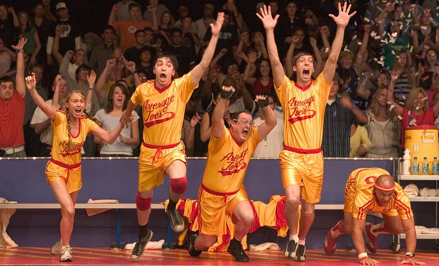 The cast of Dodgeball celebrating a remarkable comeback victory!