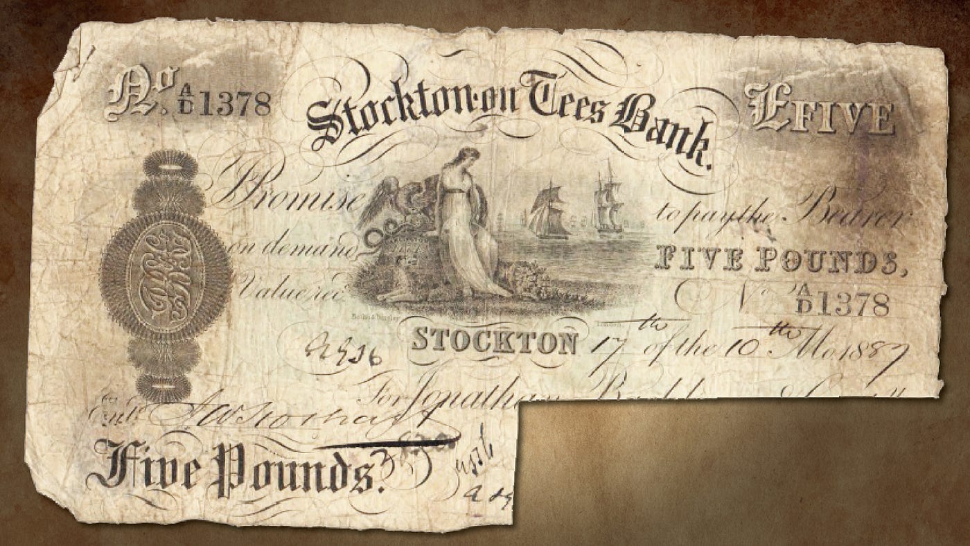 Un billete de cinco libras emitido por el banco Stockton.