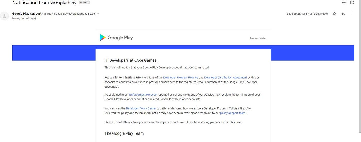 How Google destroyed our startup by terminating our Google Play Developer  Account | by 6Ace Games | Medium