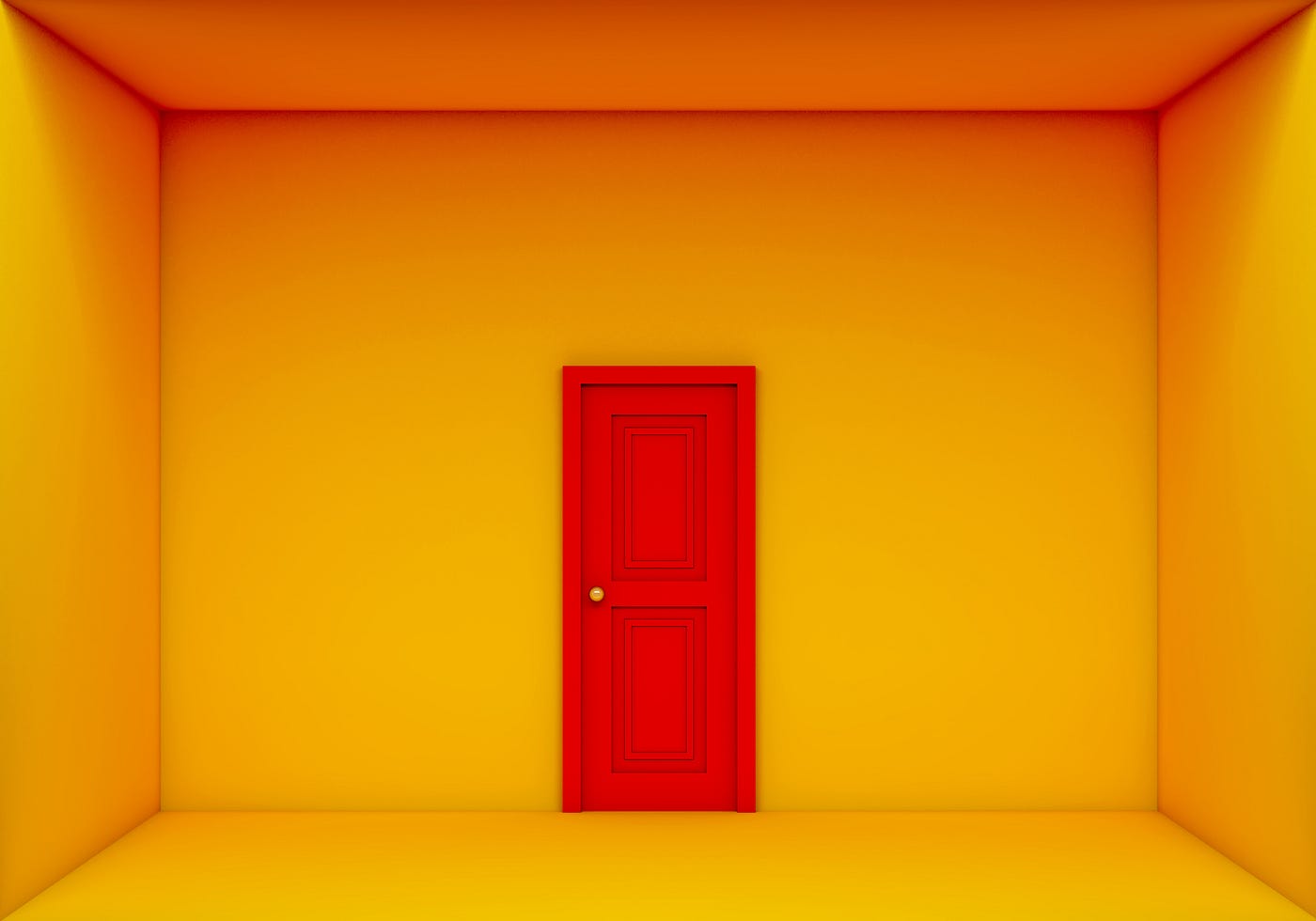 A photo of a red door in an empty room with bright yellow walls.