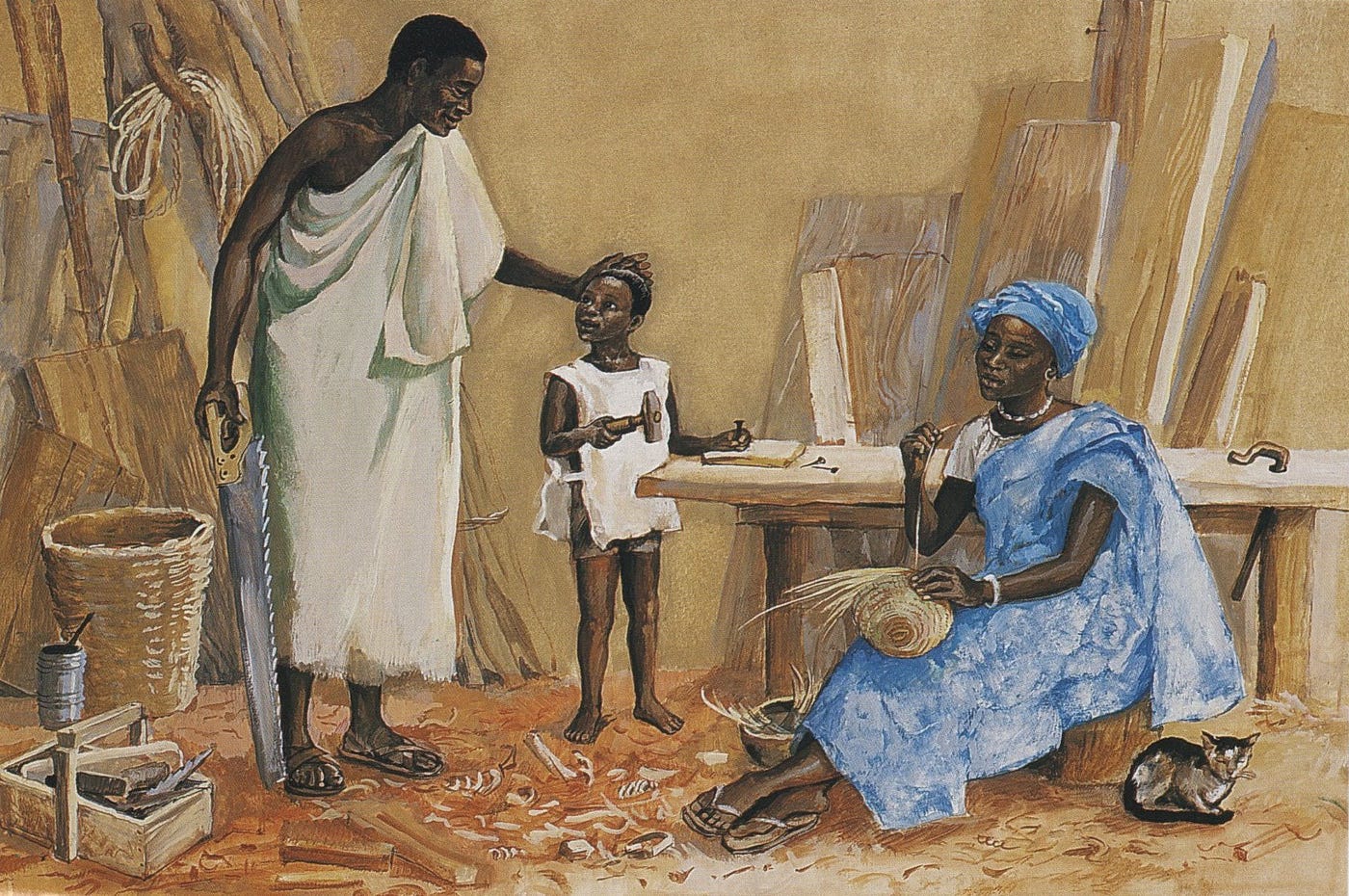 Painting of Jesus as a black boy using a hammer, Joseph watches, touching Jesus’ head warmly, Mary weaves a basket nearby