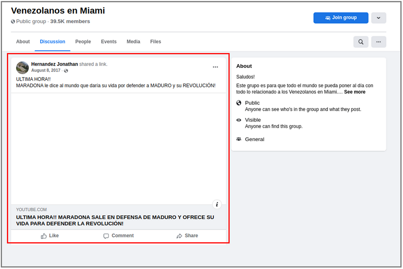 Screenshot showing the oldest post (red box) by Hernandez Jonathan in the Facebook groups. The YouTube video is unavailable, but the text accompanying the video in the post showed the video appeared to be related to soccer player Diego Maradona’s support for the Maduro regime. (Source: Facebook)