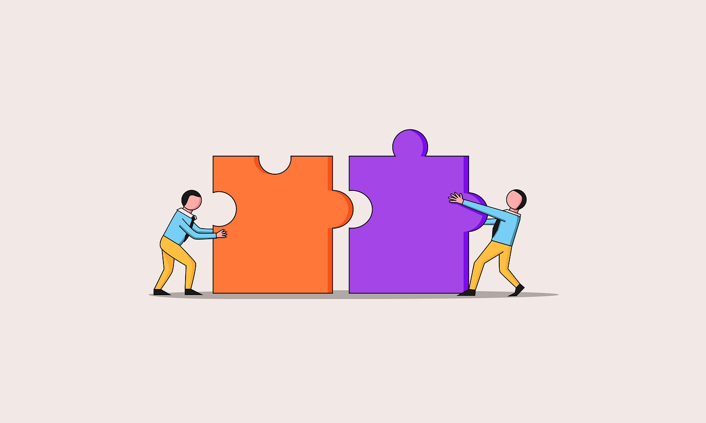 An illustration of 2 characters pushing together two giant puzzle pieces.