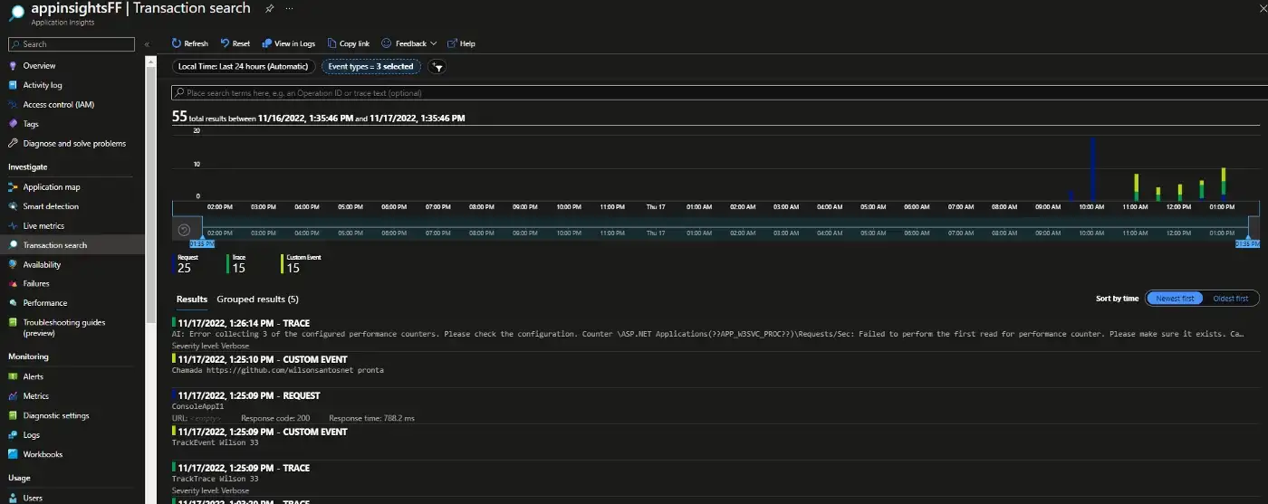 podemos ver diferentes tipos de coletas visualizadas pelo Transaction Search