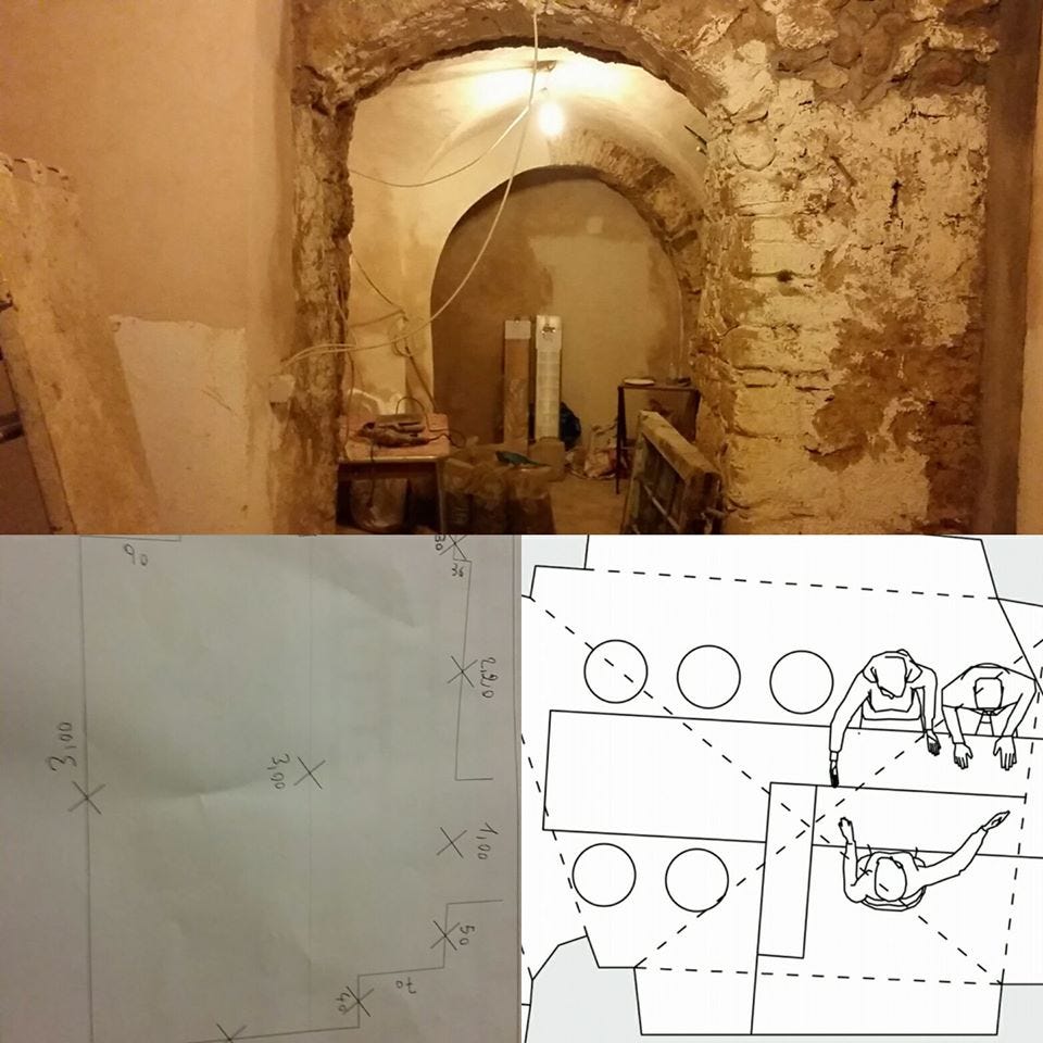 Qualche squarcio dello scantinato prima del restauro ed una bozza del progetto del futuro spazio a cura di Mondocubo