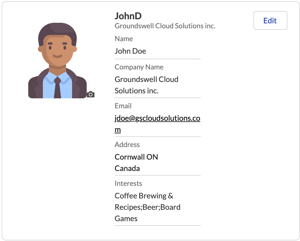 Persona John Doe at Groundswell Cloud Solutions profile in Experience Cloud 