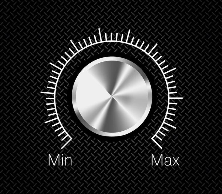 Black background with silver volume button, white graded marks from minimum to maximum.