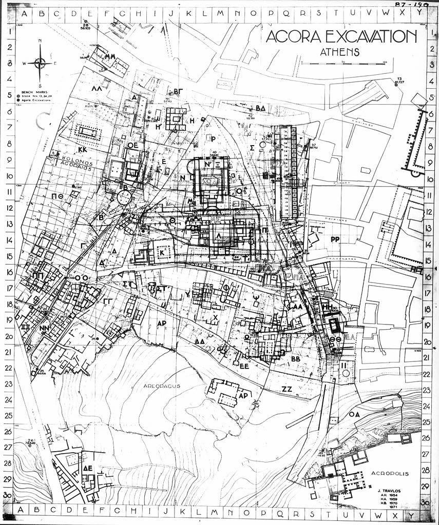 Agora Excavation (1973 and 1975) sections with grid lines in sections by John Travlos (1953–4)